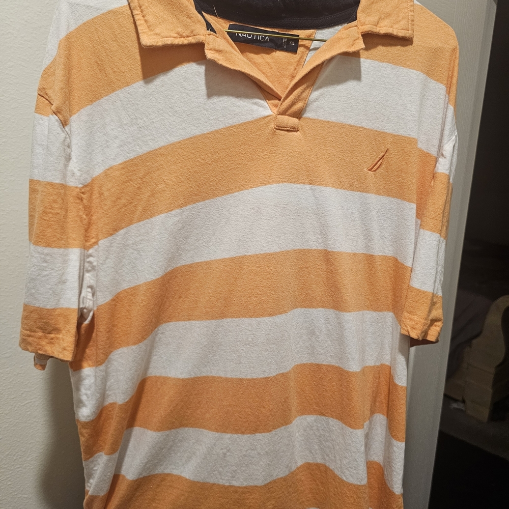 Nautica Men's Orange and White Striped Polo Shirt XXL